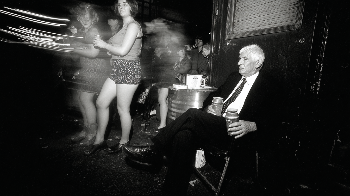 An elderly man seated outside a bar holding two containers, in black and white.