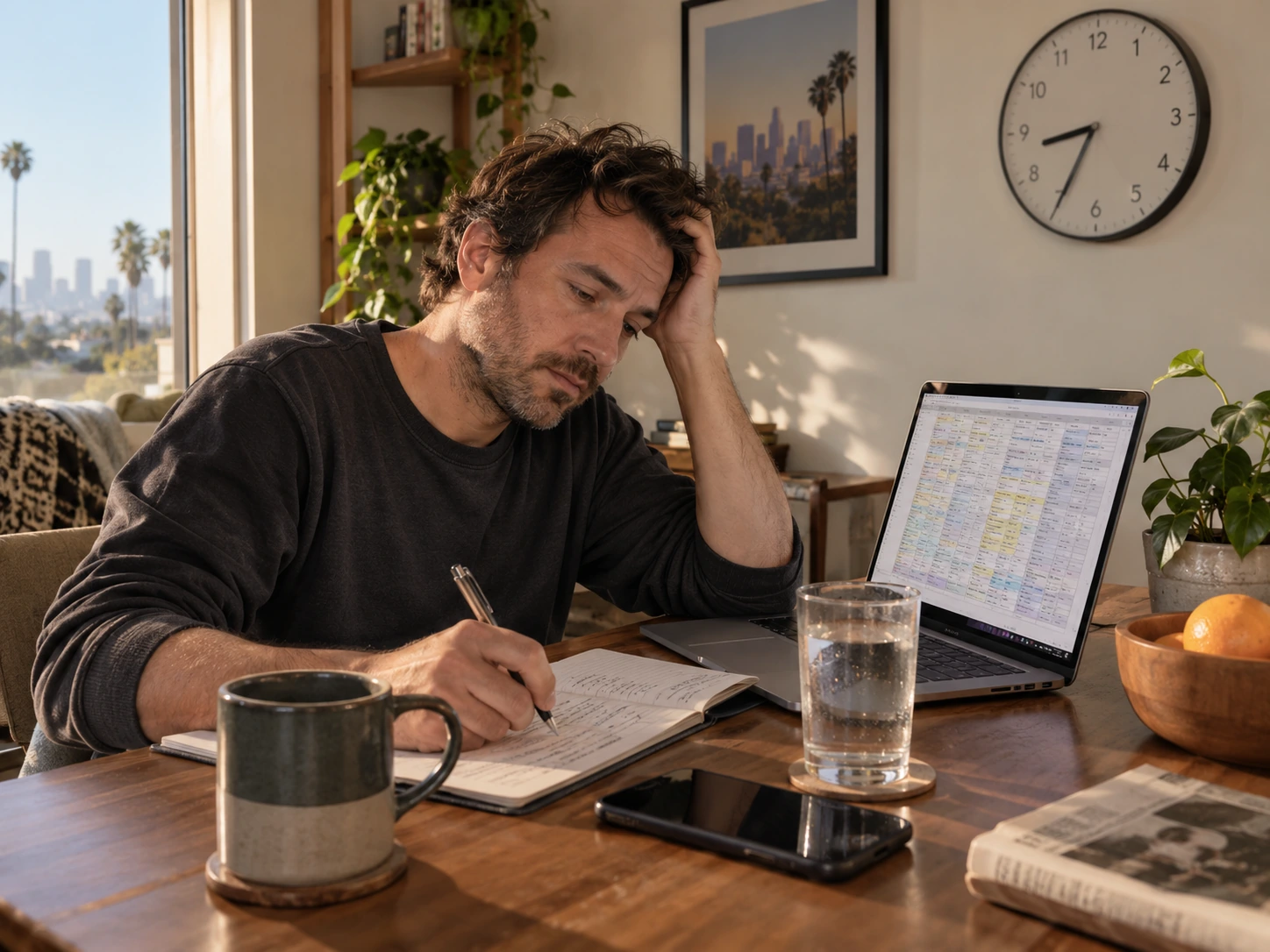 A man studies a crowded schedule on his laptop while writing in a notebook beside a wall clock.