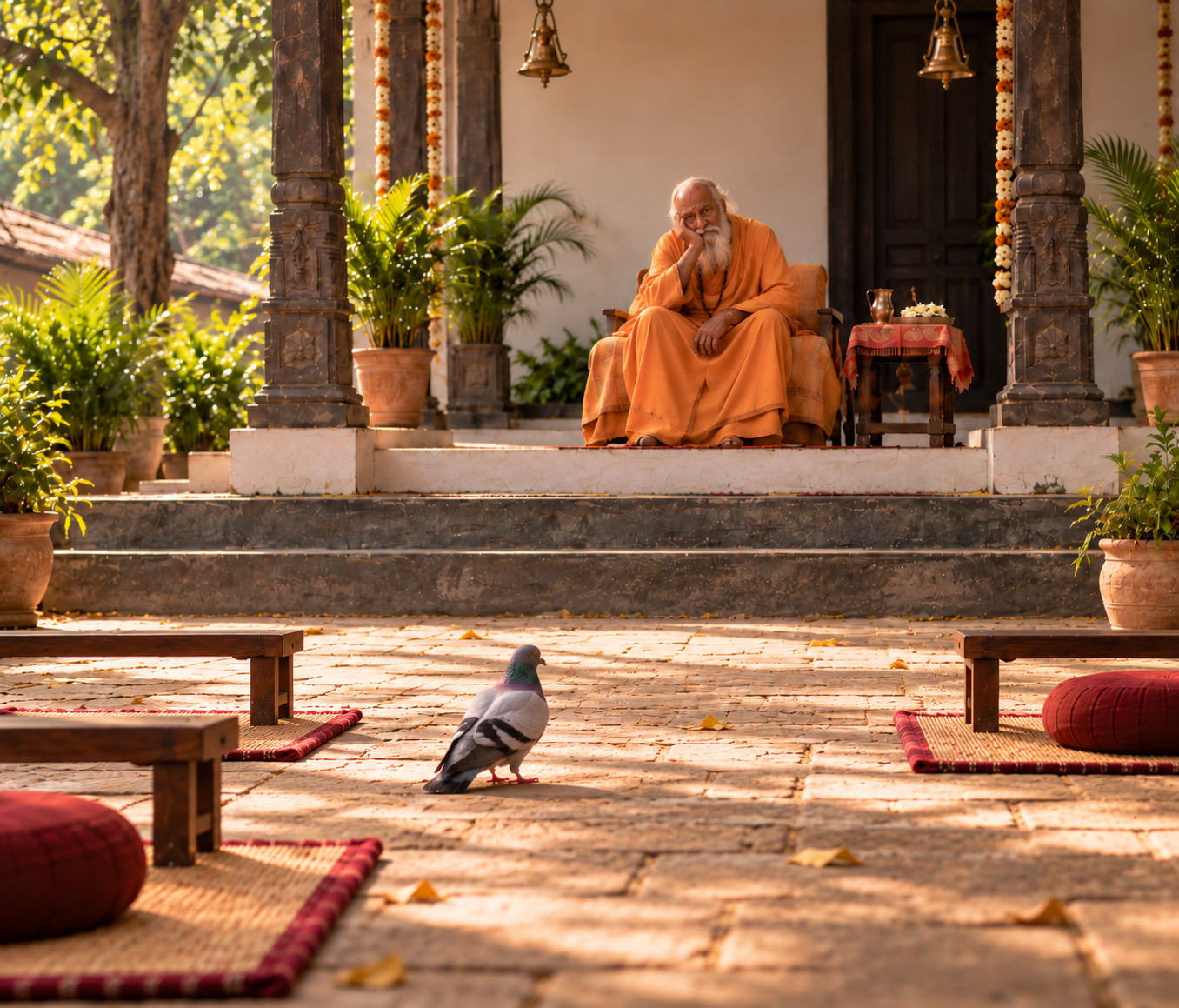 A discouraged spiritual guru looks toward a lone pigeon in an empty meditation courtyard.