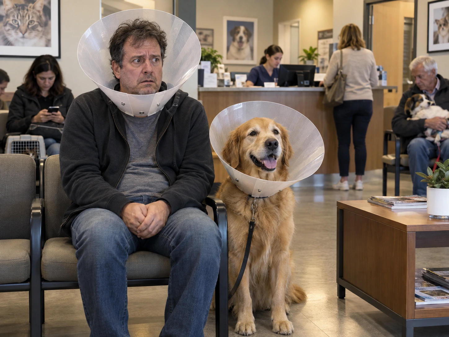 A worried dog owner and his happy Golden Retriever wearing recovery cones in a veterinary clinic waiting room.
